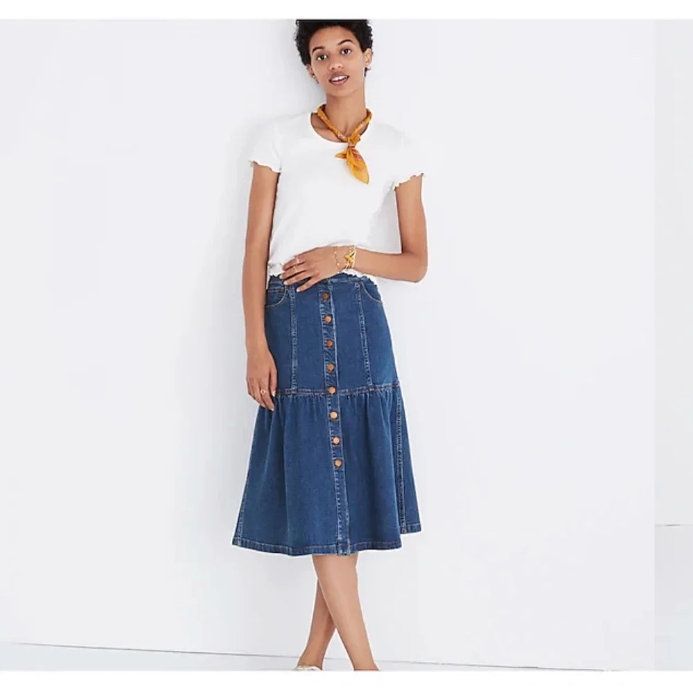 Madewell Denim Bayview Tiered Midi Cotton Flared Skirt Size 30
